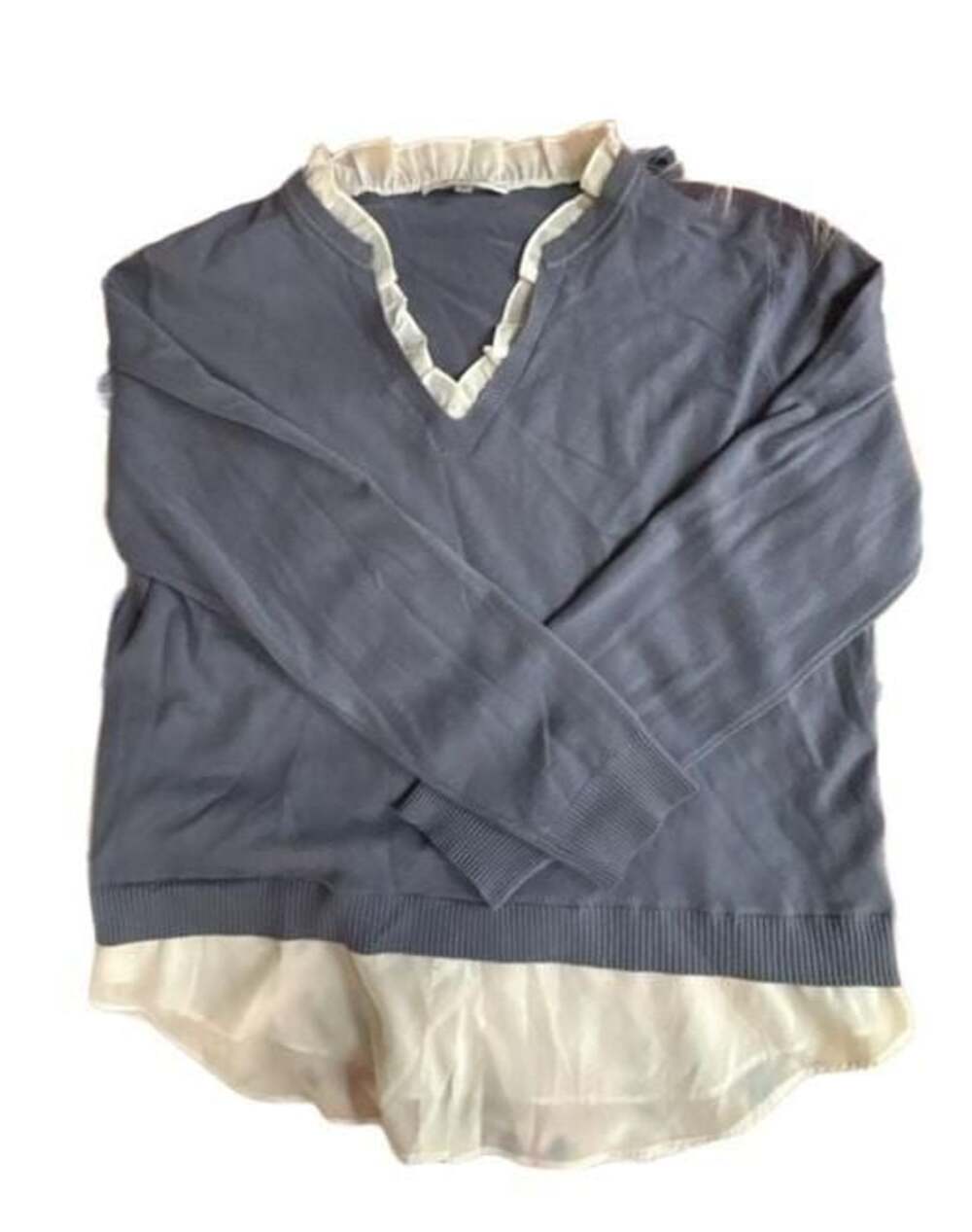 Siani Milano Light Blue V-Neck Long Sleeve Sweater with White Ruffle Trim